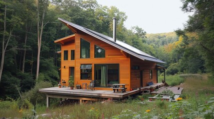 Canvas Print - Write about the sustainable features of an eco-friendly small house. Describe passive solar design, rainwater harvesting systems, and how small sustainable homes promote energy efficiency