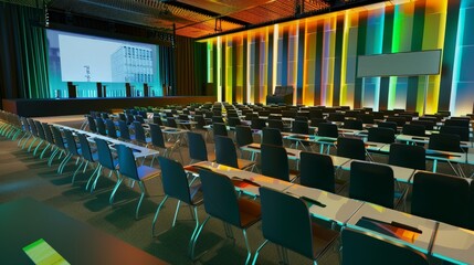 Poster - A 3D model of a business seminar with rows of chairs, a stage, and interactive display boards.