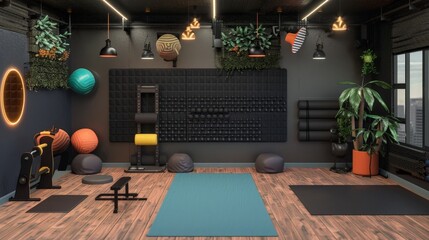 Wall Mural - A 3D model of a gym studio for group classes, equipped with mats, mirrors, and audio-visual equipment for a dynamic workout experience.