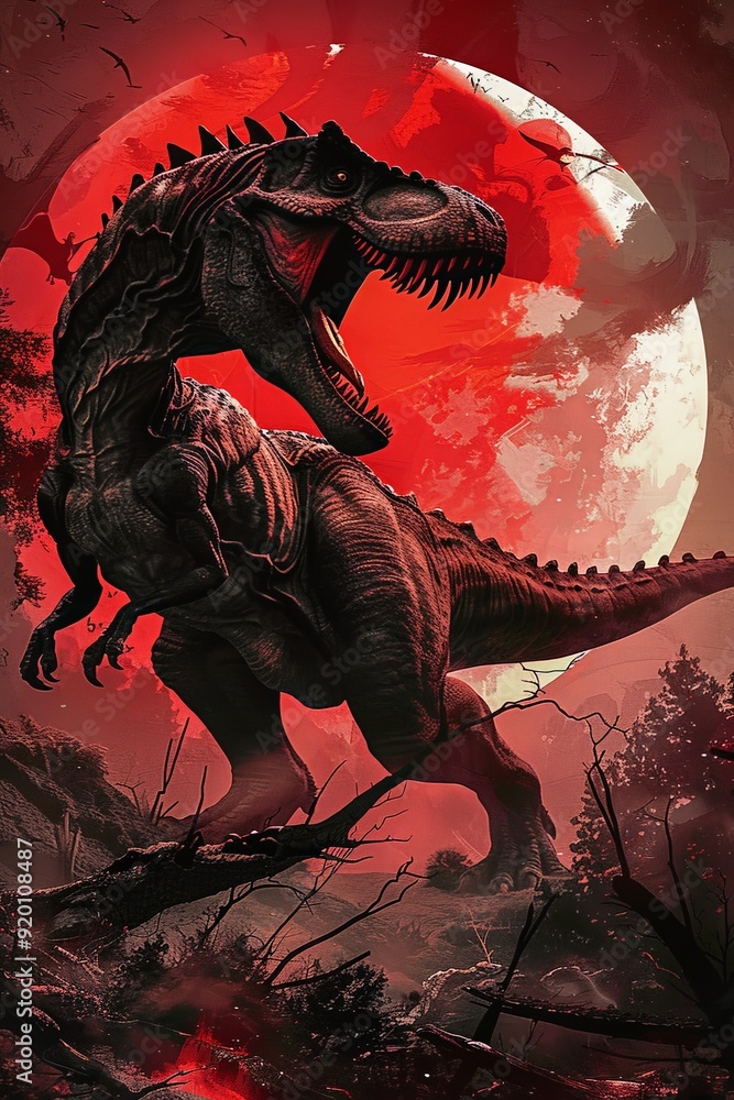 A brutal, horned Tyrannosaurus Rex stands roaring under a red sun, its ...