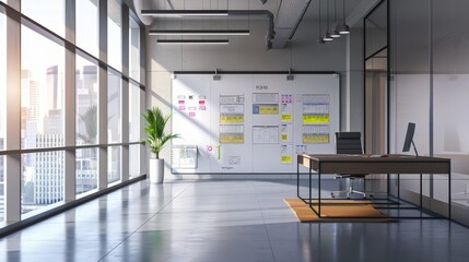 Canvas Print - A business office with a large project management board, tracking the progress of various initiatives.