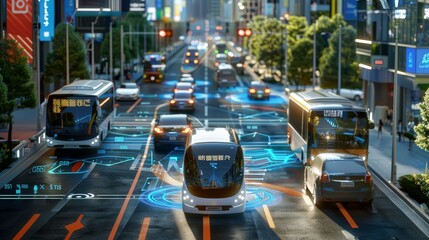 Poster - A bustling smart city with autonomous vehicles navigating the streets, showcasing the integration of cutting-edge technology in urban transportation.