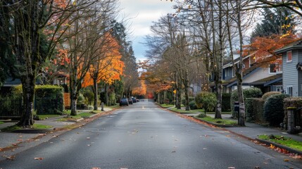 Wall Mural - A city road in a residential neighborhood, lined with trees and family homes, showcasing the quieter side of urban living.