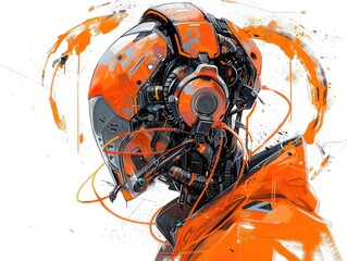 Wall Mural - A futuristic illustration of a cyborg wearing an orange helmet with a black and white background.