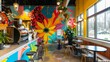 © peerawat - A coffee shop with a vibrant, colorful mural on one of the walls, adding artistic flair to the space.