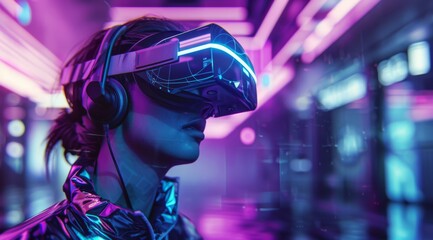 A breathtaking and stunning depiction of virtual reality is presented, showcasing the immersive experience made possible by hightech goggles, set against a vibrant and colorful neon inspired setting