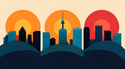 Wall Mural - Modern City Skyline with Sunset. Perfect for Urban, Travel and City Design Projects.