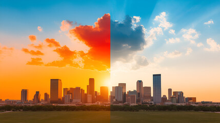 Wall Mural - Stunning Cityscape Divided by Sunset and Daybreak, Perfect for Modern Design and Backgrounds