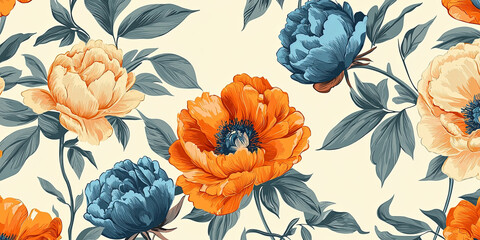 Poster - Vintage floral pattern, orange and blue peonies on cream background, generative AI