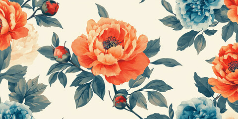 Canvas Print - Vintage floral pattern, orange and blue peonies on cream background, generative AI