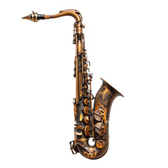 Vintage saxophone with intricate brass detailing and a classic design, isolated on a white background.