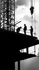 Monochrome scene depicting life of workers on a construction industry site