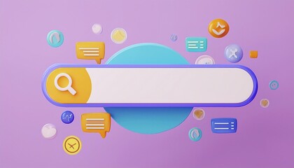 Colorful search bar illustration with social media icons on a purple background, representing digital communication and online connectivity.