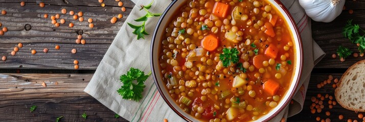 Poster - Aerial perspective of a vegetable lentil soup in a bowl on a wooden surface.