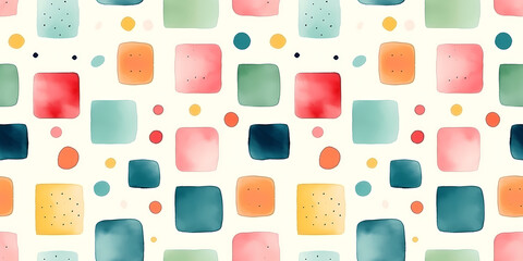 Wall Mural - Horizontal watercolor seamless pattern with squares and dots. Abstract geometric pattern. Colorful watercolor squares and dots on white background. For wallpaper, design, wrapping paper, postcard