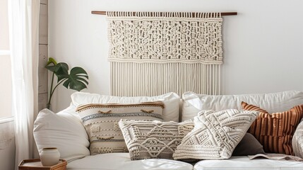 Wall Mural - A modern take on traditional macrame featuring a sleek white woven wall hanging with geometric patterns.