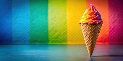 Poster - Rainbow ice cream cone against a colorful background, sweet, delicious, dessert, treat, cold, frozen, cone, colorful, vibrant