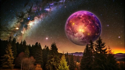 Wall Mural - vibrant cherry purple colored galaxy shining in the sky above a lush forested planet, galaxy