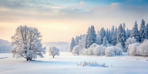 Wall Mural - Muted color palette of snowy landscape, creating a serene winter mood, winter, cold, snow, landscape, serene, calm, peaceful, tranquil