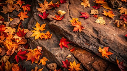 Sticker - Autumn leaves scattered on a mountain stone background, autumn, mountains, stone, background, nature, landscape, scene, fall