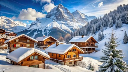 Poster - Snow-covered village nestled in the Swiss Alps with wooden chalets and majestic mountains in the background, winter, snow