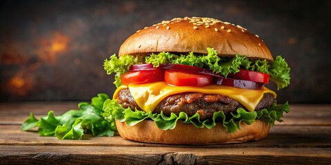 Poster - Delicious gourmet burger with juicy beef patty, lettuce, tomatoes, caramelized onions, melted cheese