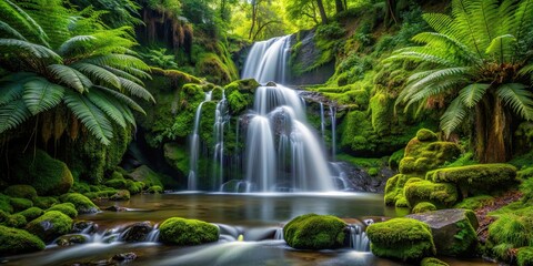 Sticker - Waterfall cascading through dense green forest with ferns and moss, waterfall, green, forest, lush, trees, ferns, nature