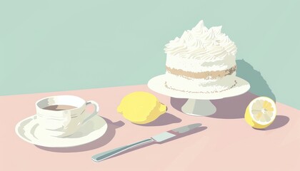 A single-layered cake with white frosting, two lemons, a teacup and saucer and a knife on a pink table.