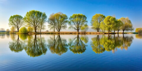 Sticker - Trees reflected in calm water , nature, reflection, serenity, peaceful, lake, symmetry, tranquil, countryside