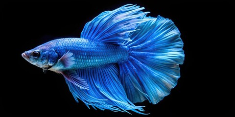 Poster - Shimmering bright blue Betta fish with long, flowing fins against a black background , Betta fish, blue, shimmering