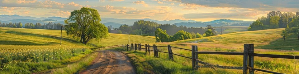 Poster - Country road winding through vibrant spring fields and meadows on a sunny evening.