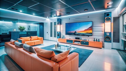 Poster - Futuristic living room with peach accents and modern entertainment systems, futuristic, living room, peach