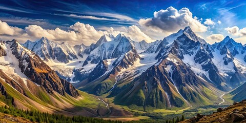 Poster - Panoramic view of majestic mountains with snow-capped peaks , Nature, landscape, scenic, wilderness, adventure, hiking