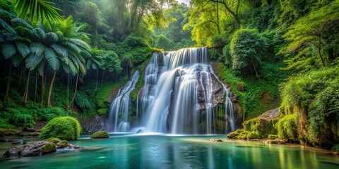 Sticker - A picturesque waterfall in the heart of a lush forest, waterfall, forest, nature, scenery, tranquil, peaceful, serene