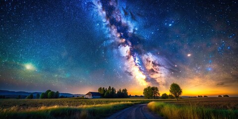 Canvas Print - Starry night in the countryside, starry, night, sky, field, rural, landscape, stars, scenic, nature, tranquil, peaceful