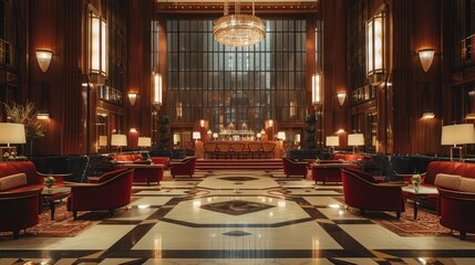 elegant, art deco style lobby with ornate details and plush furniture. the space is bathed in warm l