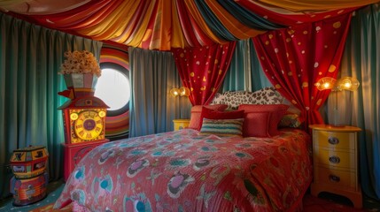 Wall Mural - A circusinspired bedroom with a canopy bed dd in colorful fabric circus animal prints tered throughout and a vintage popcorn machine as a nightstand.