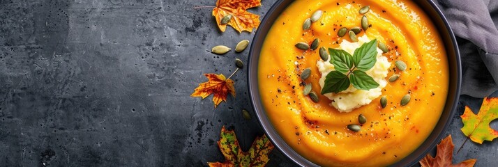 Poster - Creamy pumpkin soup topped with mashed potatoes and seeds in a bowl, perfect for autumn dining, with space for text.