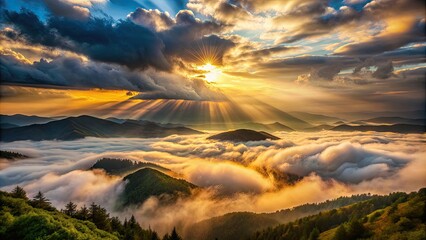 landscape with clouds in the mountains after a thunderstorm, the sun rising and casting a ray of lig