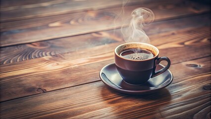 Wall Mural - Steaming cup of coffee on a rustic wooden table, coffee, beverage, drink, morning, caffeine, aroma, espresso, latte, cappuccino