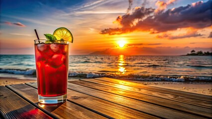 Wall Mural - Red cocktail with lime and ice on a beach bar counter at sunset by the sea, beach, bar, cocktail, red, drink, lime, ice, sunset