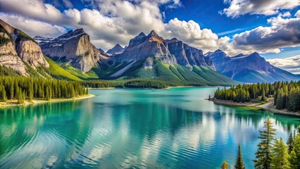 Canvas Print - Majestic mountains overlooking turquoise Lake Minnewanka in Banff National Park, Canada, mountains