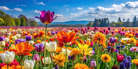 Wall Mural - Vibrant spring flower field in full bloom, flowers, meadow, colorful, nature, blossom, blooming, springtime, peaceful, field