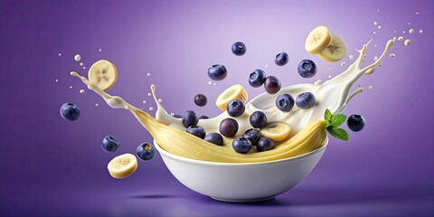 Poster - Bananas and blueberries falling into yogurt against a bright purple background, healthy, fresh, dynamic, close-up, splash