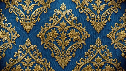 Wall Mural - A background of gold brocade pattern on a blue fabric , gold, brocade, pattern, blue, fabric, elegant, luxury, texture