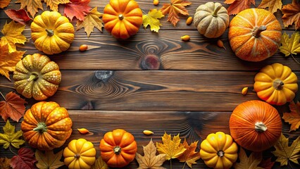 Canvas Print - Thanksgiving border featuring pumpkins and yellow leaves, Thanksgiving, border, pumpkins, yellow leaves, autumn, fall