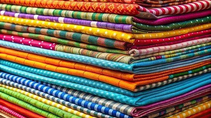 Canvas Print - Close up of a stack of colorful fabrics, fabric, textiles, colorful, vivid, patterns, material, vibrant, stack, close up