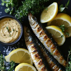 Poster - Grilled sardines served with lemon slices, fresh herbs, and a creamy dipping sauce on a dark background, highlighting a delicious seafood meal