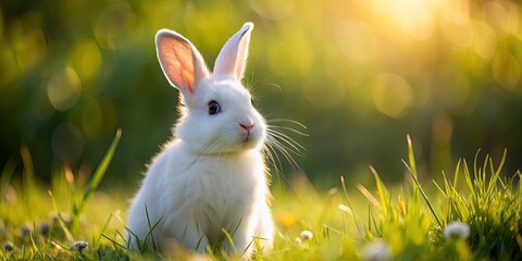 Wall Mural - Close up image of a fluffy white rabbit sitting in a meadow, fluffy, white, rabbit, cute, furry, animal, wildlife, nature, grass