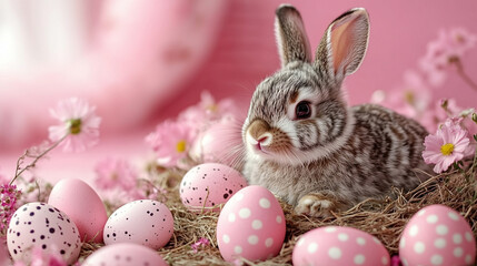 rabbit nestled in a cozy nest surrounded by colorful painted easter eggs. the scene symbolizes the j